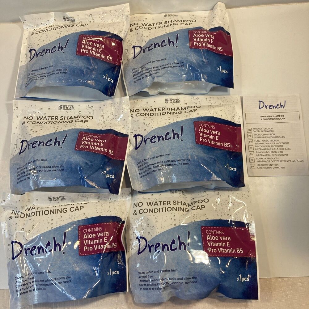 DRENCH! No Rinse Shampoo & Conditioning Cap 6 PACK NEW Expires 09/11/27 SEALED!